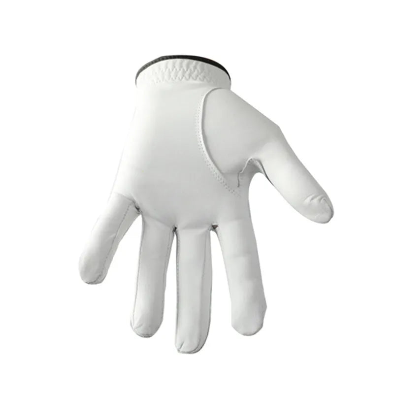 White men's golf glove showing half sheepskin leather palm on a hand.