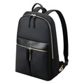 Women's black nylon backpack with zipper opening, internal computer sleeve, and phone pocket