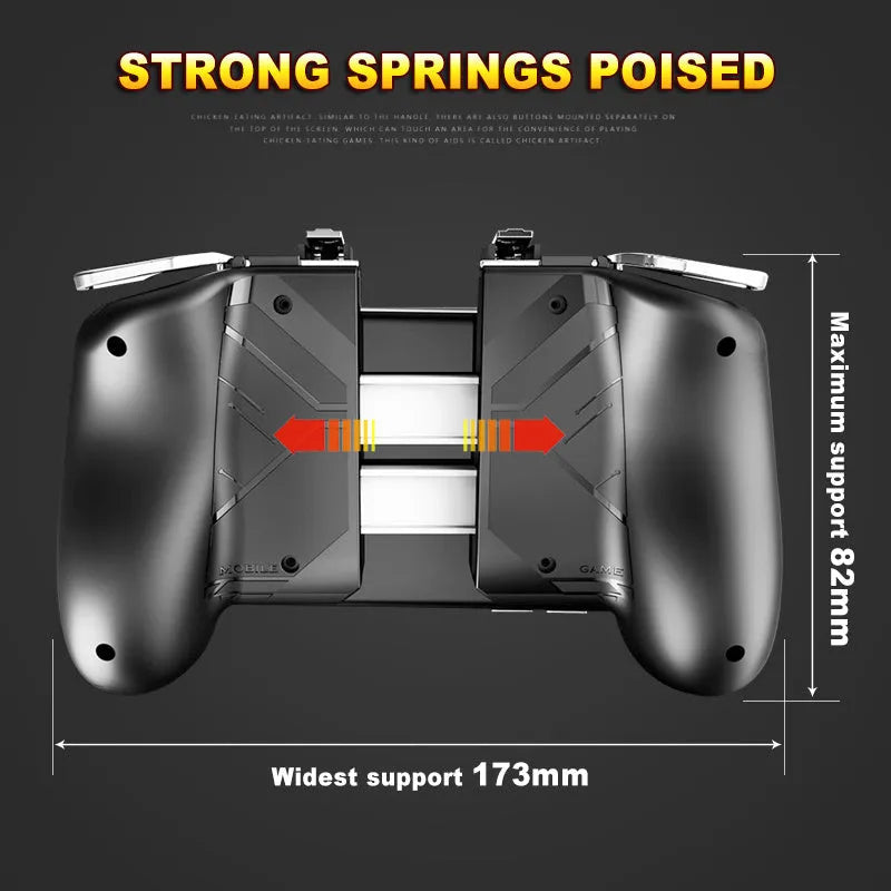 Multifunctional mobile game handle with magnetic wireless charging stand and adjustable phone bracket in black, blue, or white.