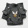 Small dog wearing a chocolate black faux leather jacket with embroidered eagle sticker on back