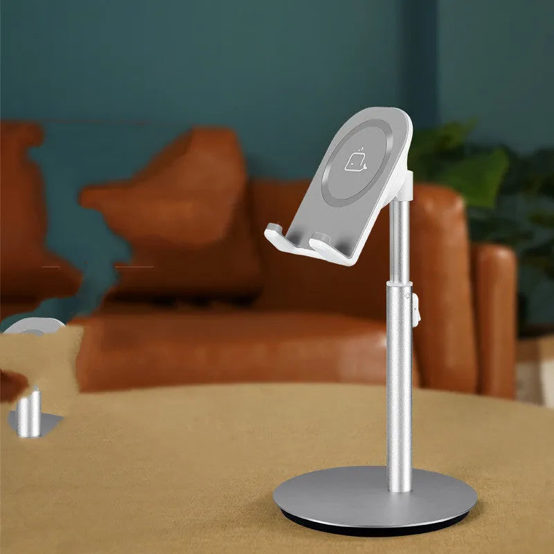 Silver metal desktop phone and tablet holder showing adjustable design for 3-11 inch mobile devices