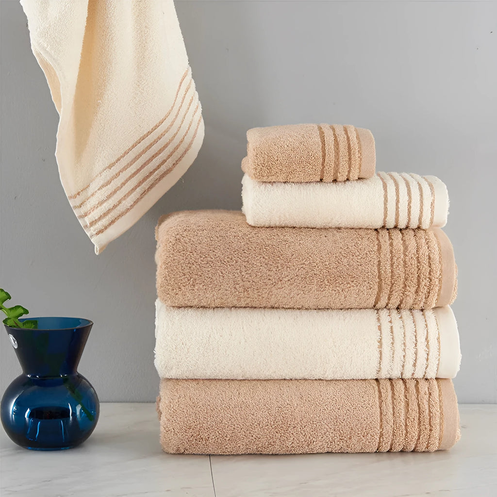 Six-piece cotton towel set showing bath, hand, and washcloth sizes in beige colour.