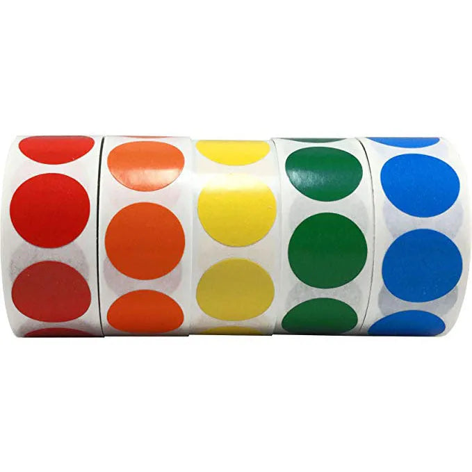 Roll of 500 chroma label colour code stickers, 2.5cm each, in ten colours with permanent glue