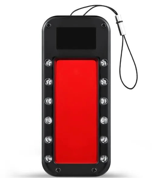 Small red handheld reverse camera detector with scanner for finding hidden surveillance lenses.