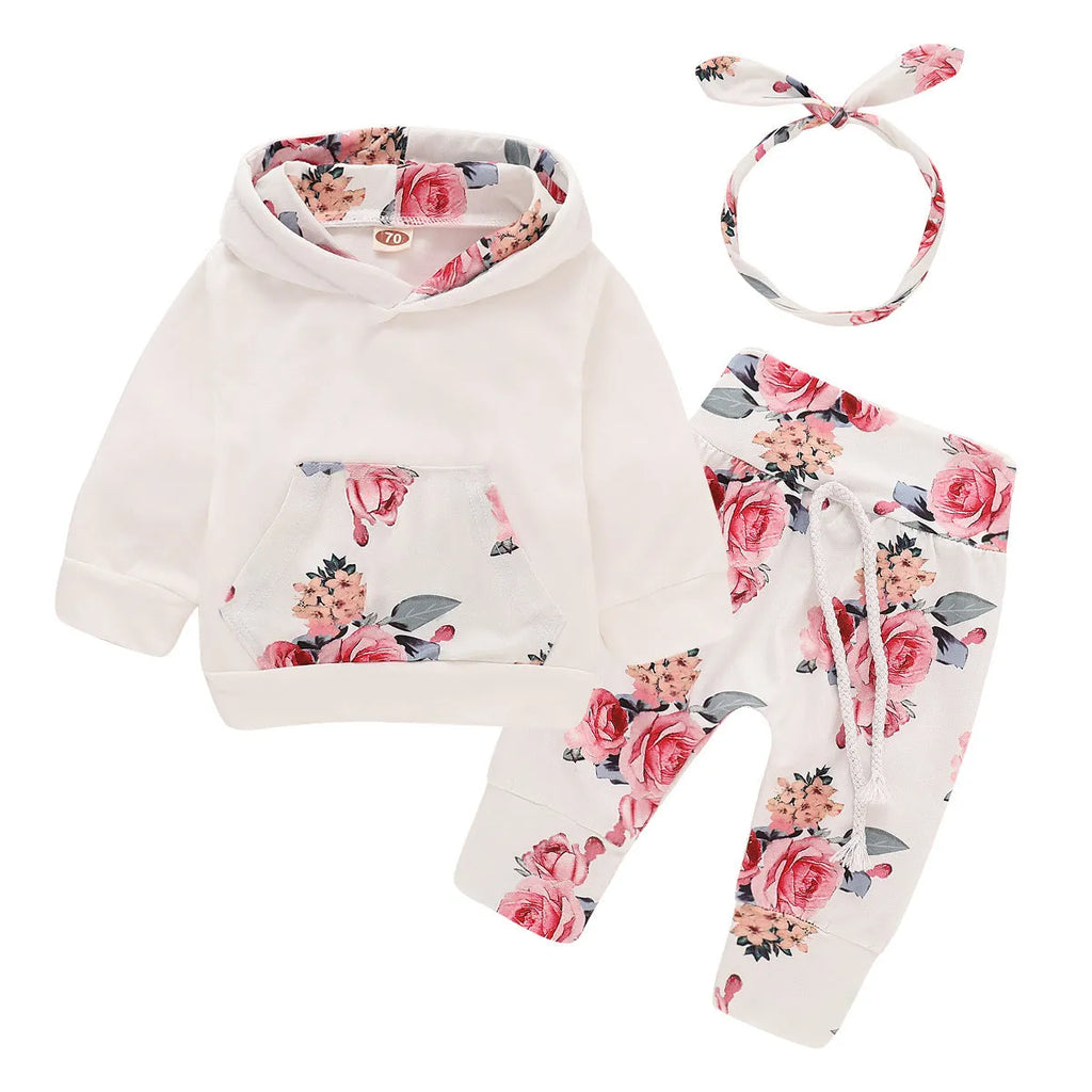 White cotton hooded tracksuit for baby girls with long sleeves and trousers