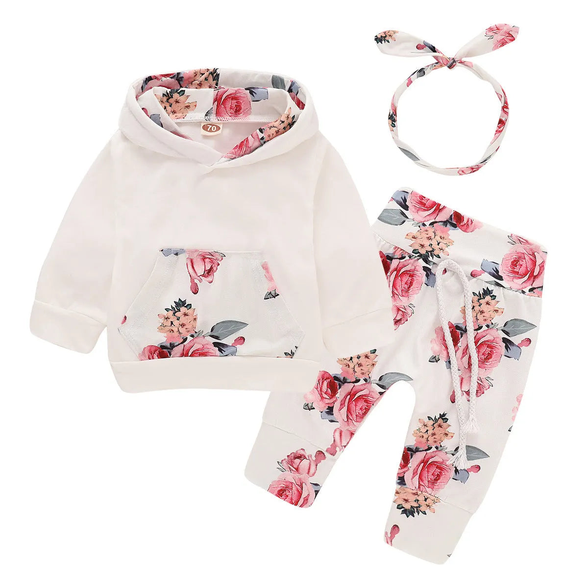 White cotton hooded tracksuit for baby girls with long sleeves and trousers