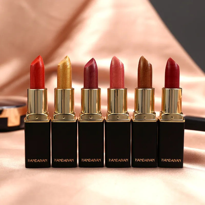 Pearlescent colour change temperature change lipstick in a tube with shimmering finish