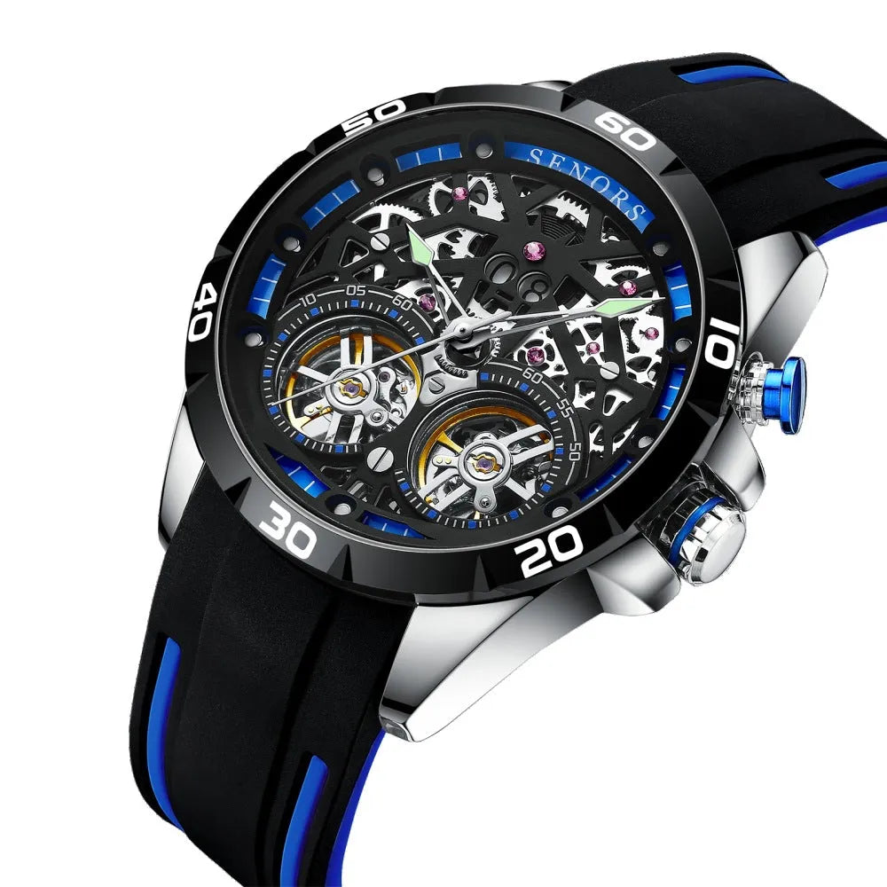 Blue automatic mechanical men's watch with luminous hollow dial on a wrist, showing 14mm case thickness.