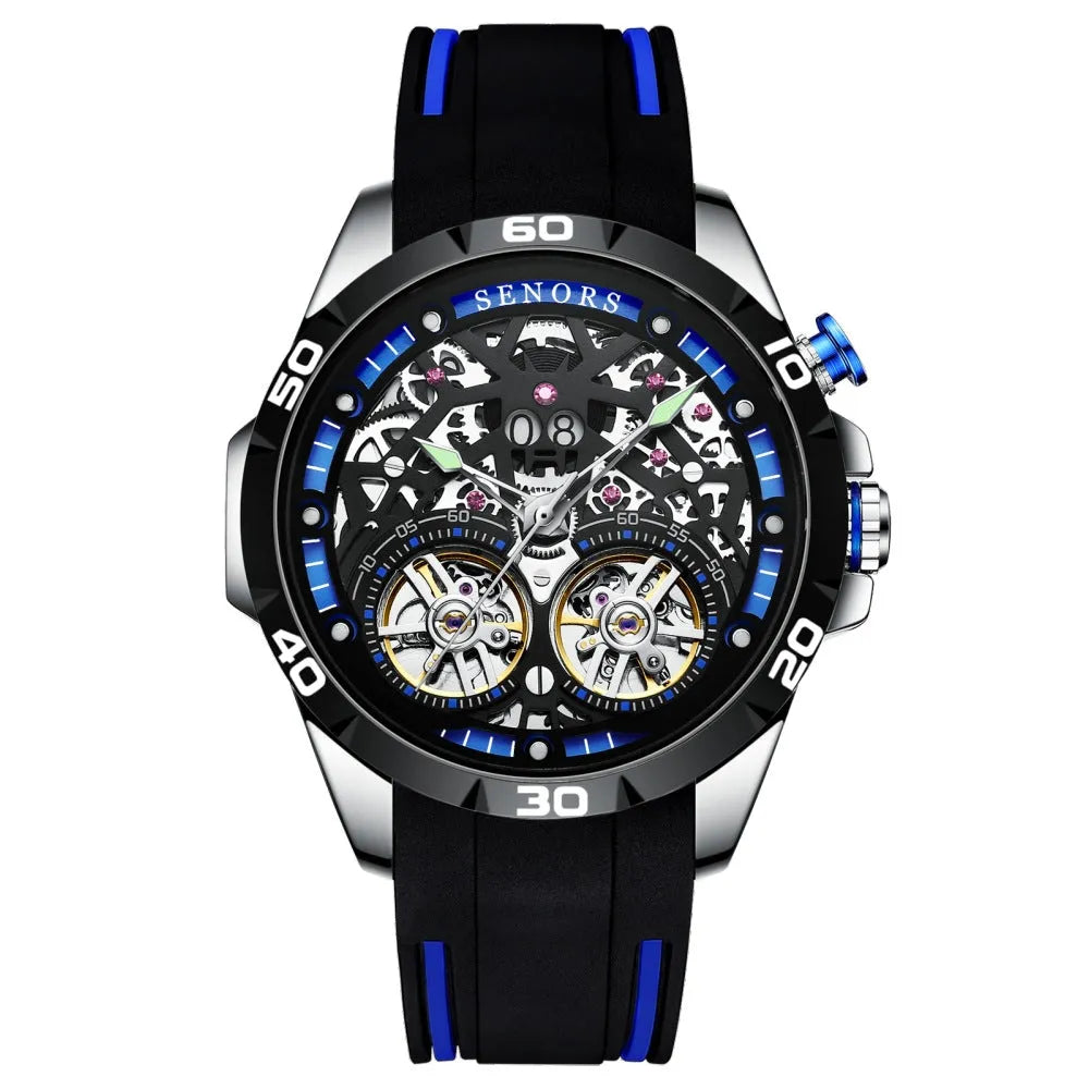 Blue automatic mechanical men's watch with luminous hollow dial on a wrist, showing 14mm case thickness.