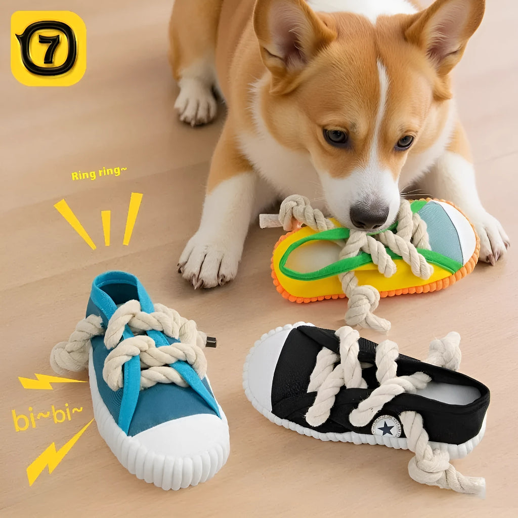 Squeaky plastic dog slippers toy in yellow, black, or blue colour for chewing and play.