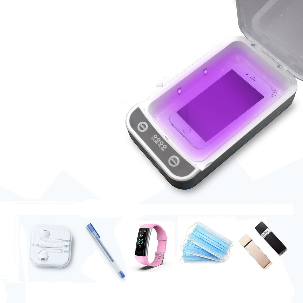 White UV disinfection box for mobile phones with internal light chamber visible