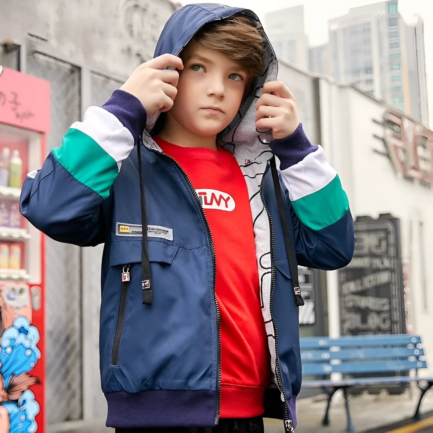 Boys hooded polyester sports jacket in royal blue for autumn winter, long sleeves, size 120-160cm