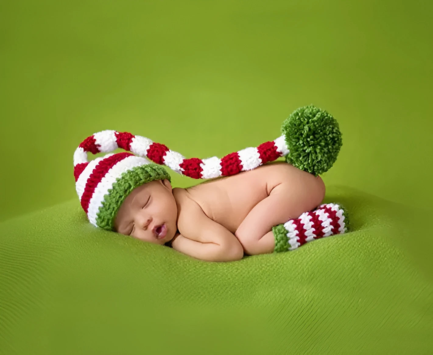 Green acrylic thread baby leg cover set with hat for 100-day photography portrait