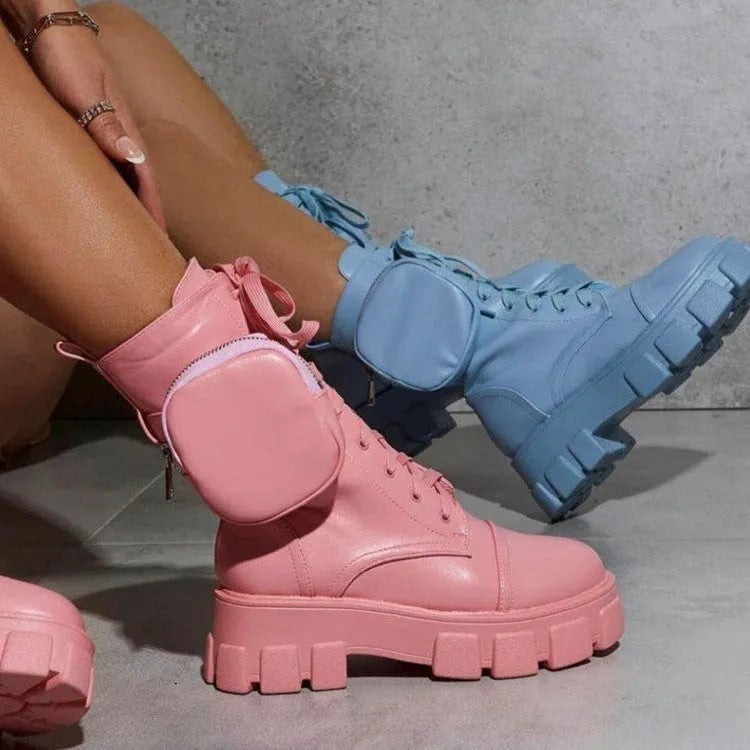 Women's chunky heel ankle boots with strap detail, faux PU leather upper, rubber sole, available in sizes 35-43 and multiple colours