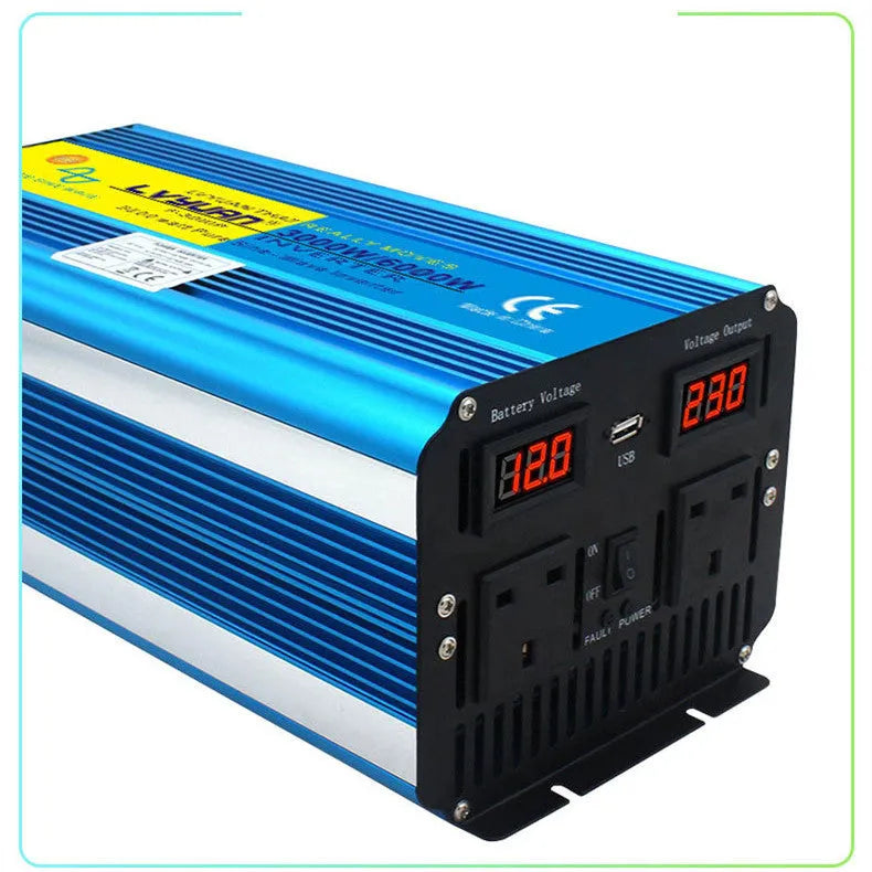Blue 3000W 12V to 220V pure sine wave car power inverter with digital display and UK plug socket.