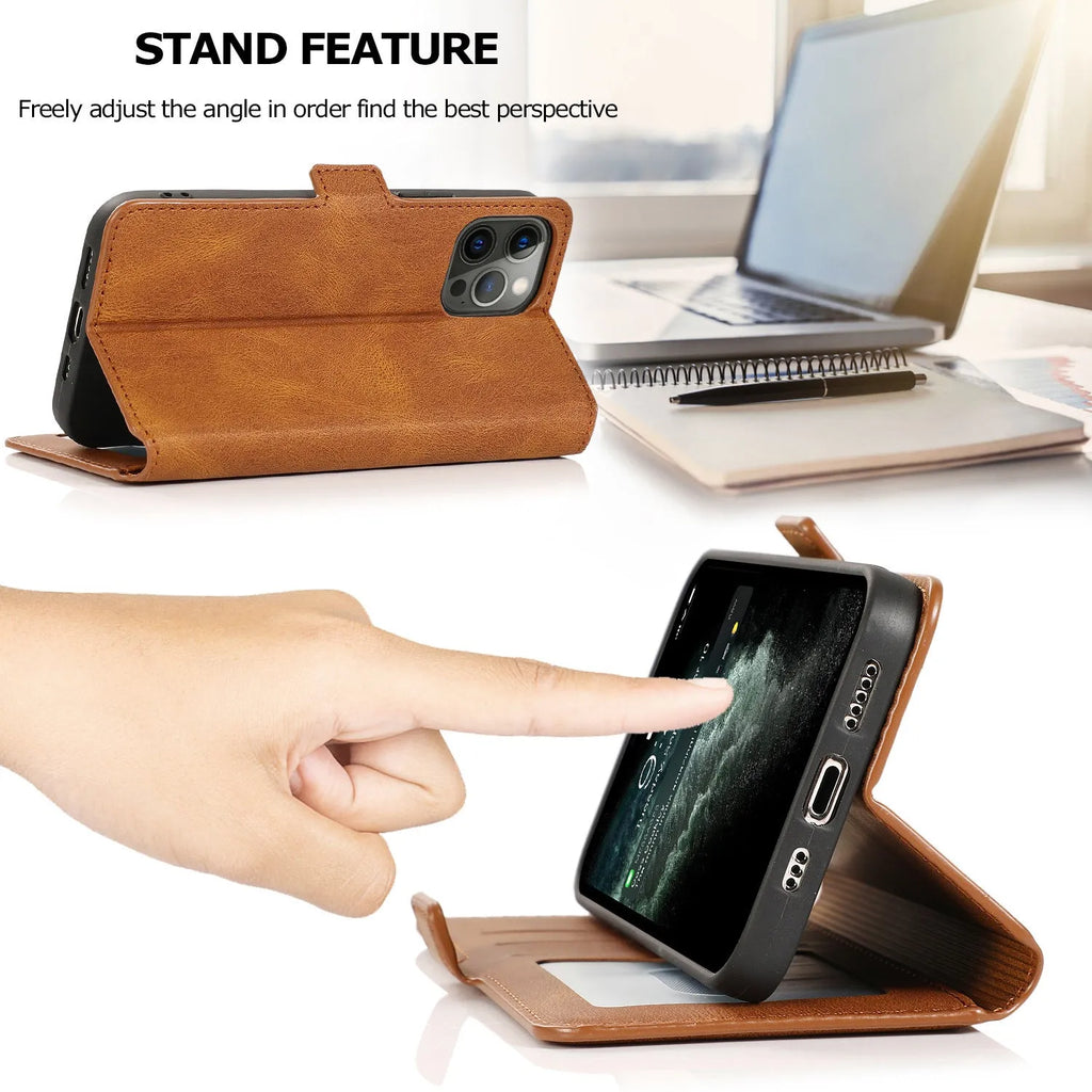 Clamshell phone case for Samsung with card slot, photo frame, and bracket in black PU TPU flip style.