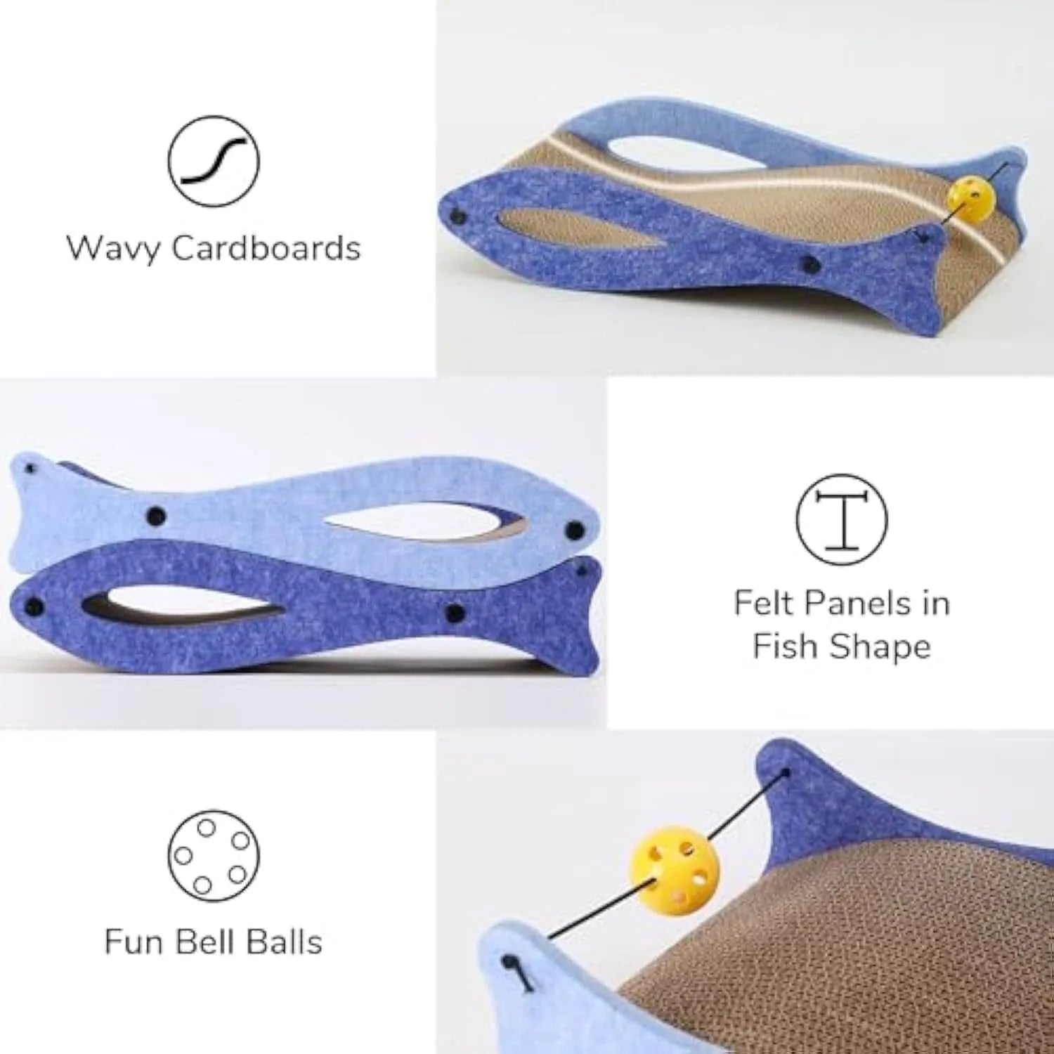 Blue fish-shaped cardboard cat scratcher with bell ball toys attached on elastic cord