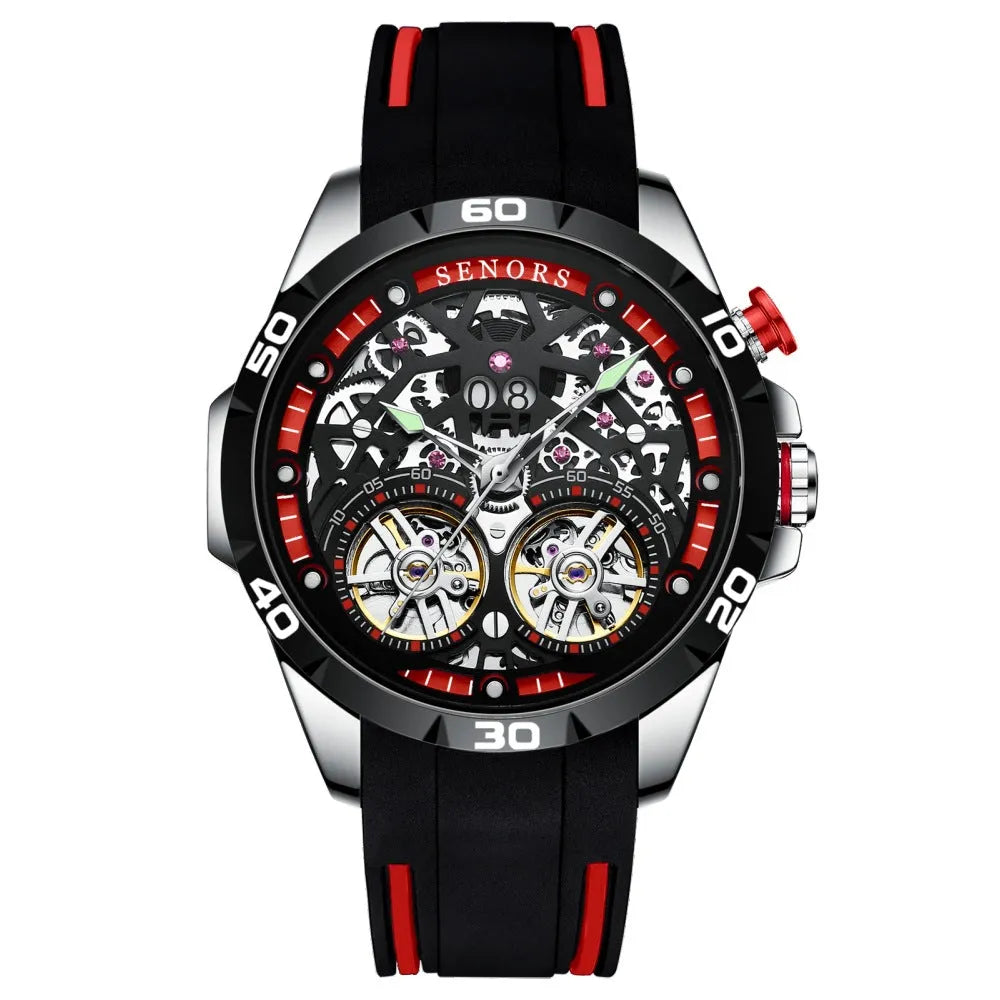 Blue automatic mechanical men's watch with luminous hollow dial on a wrist, showing 14mm case thickness.