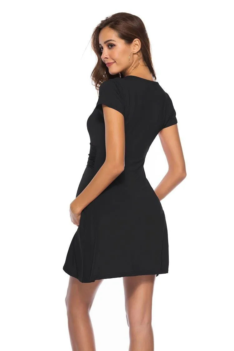 Deep V-neck maternity short sleeve dress in polyester fibre, available in Black, Blue, Dark Grey, and Wine Red, sizes S to XL