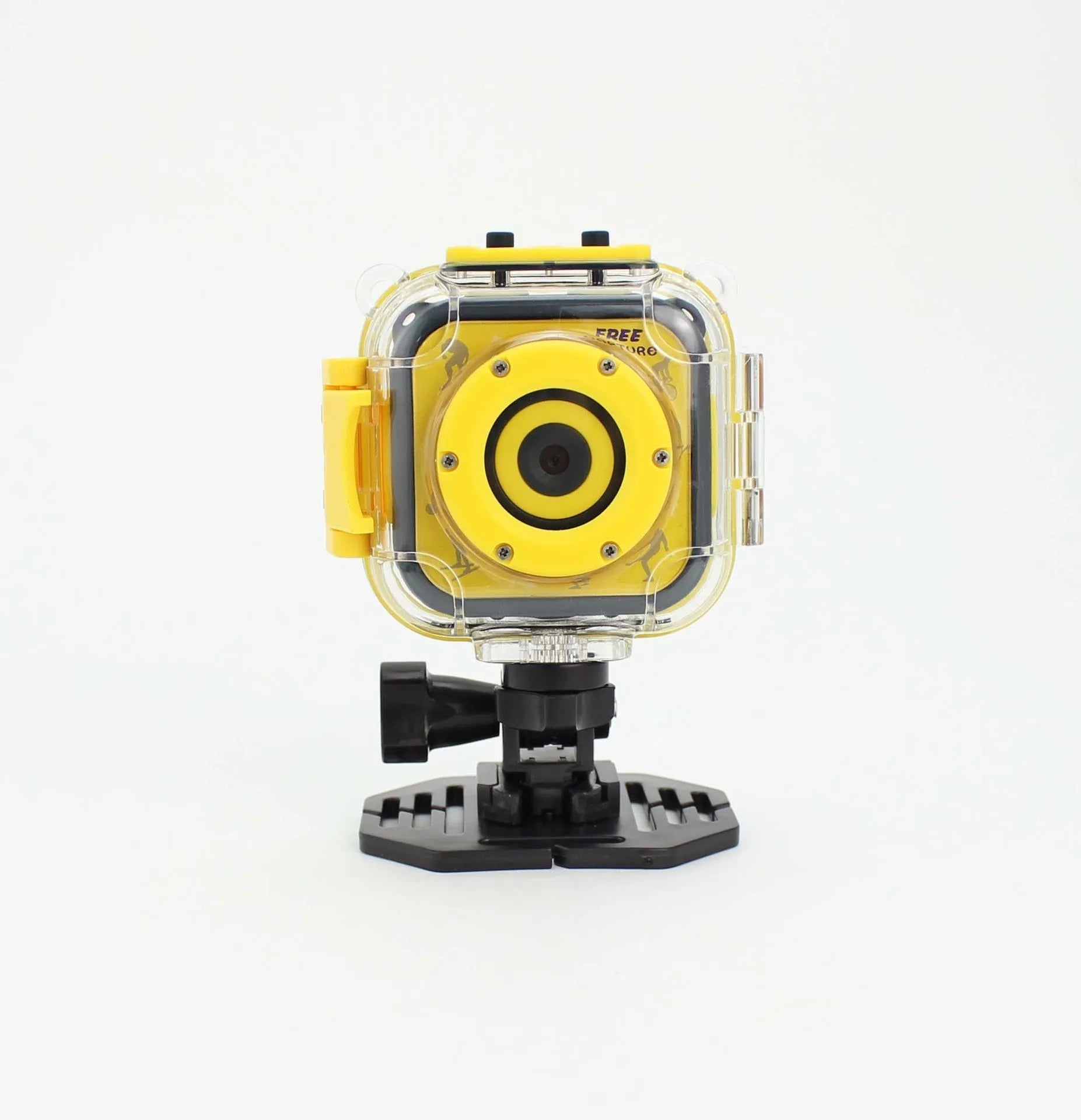 Yellow children's waterproof sports camera with compact design showing dimensions and LCD screen