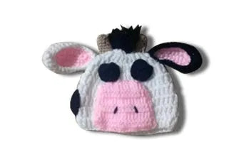 White hand-knitted baby cow suit set with hat and pants made from wool cotton blend