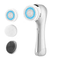 Blue electric facial cleansing brush with USB cable and 30ml water tank on white background