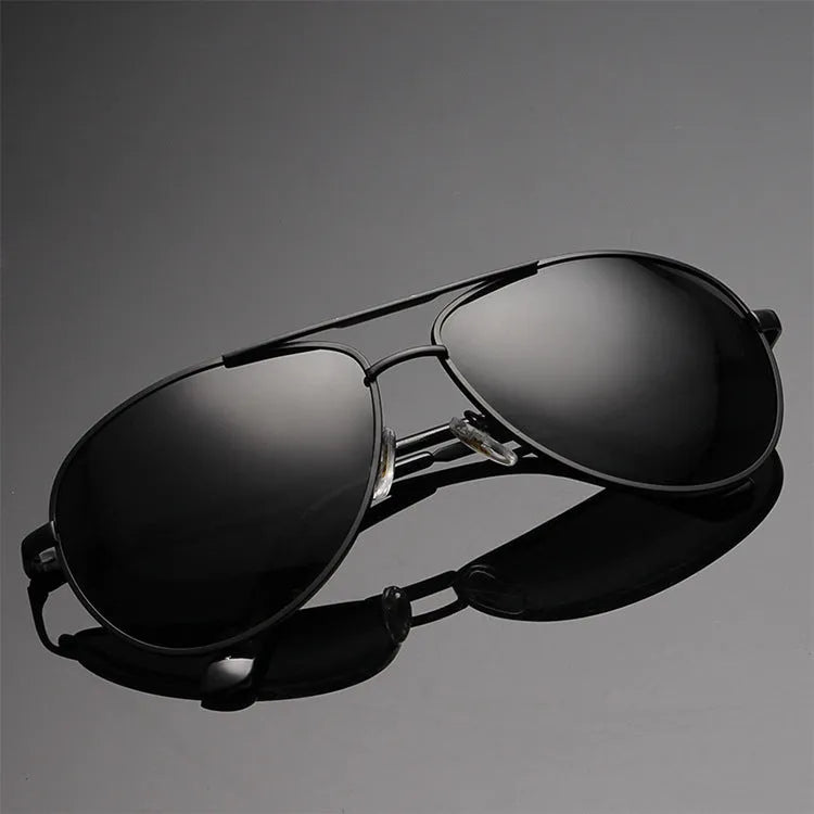 Metal frame polarised sunglasses in gun grey with dark green lenses for driving and outdoor use