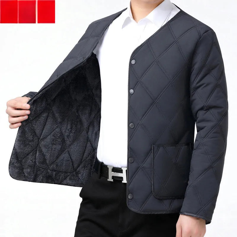 Men's short fleece-lined nylon jacket in black and navy blue, front view, sizes L to 4XL