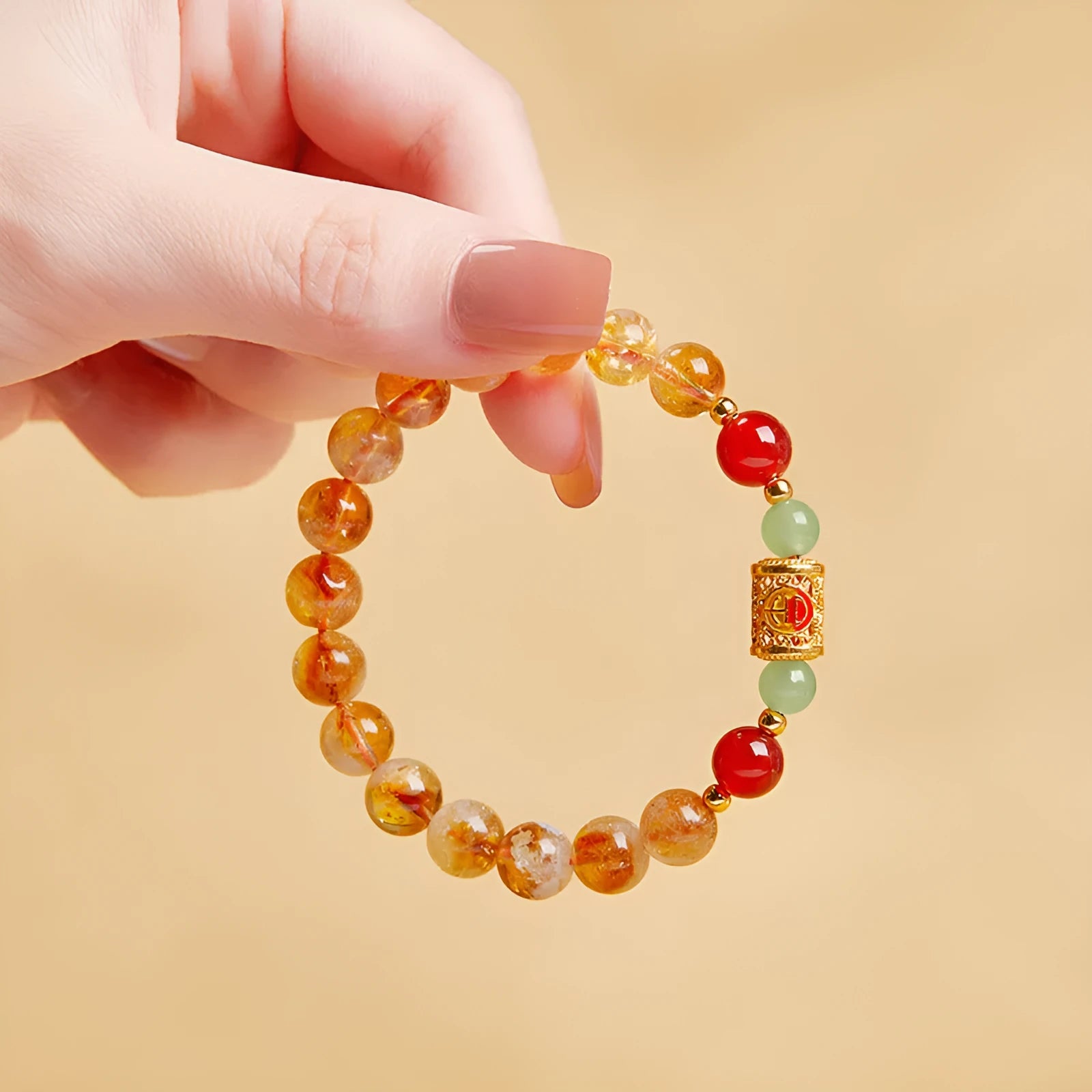 Yellow Chinese bracelet with red agate, Hetian jade, crystal, and sterling silver beads 8mm geometric design