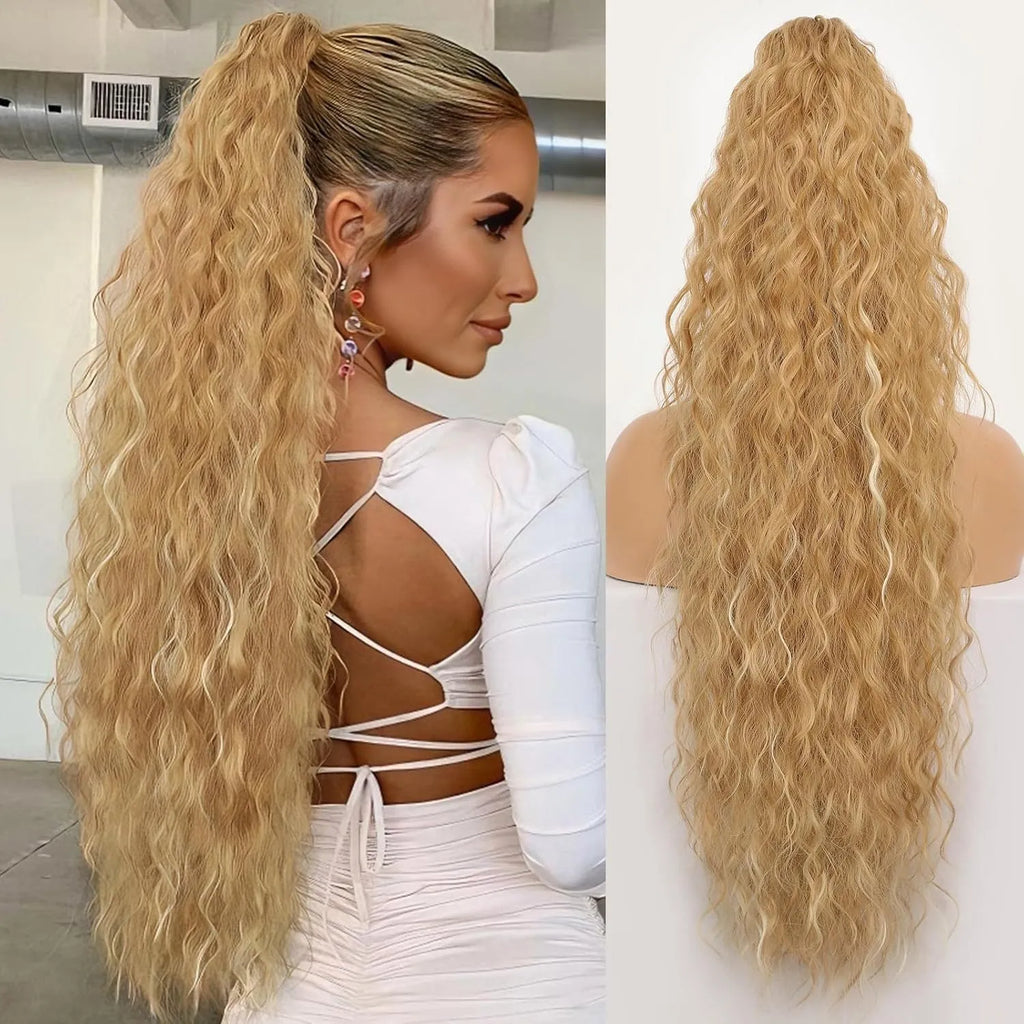 Long, fluffy curly synthetic ponytail wig in a high temperature fibre, shown in a 30-inch length.