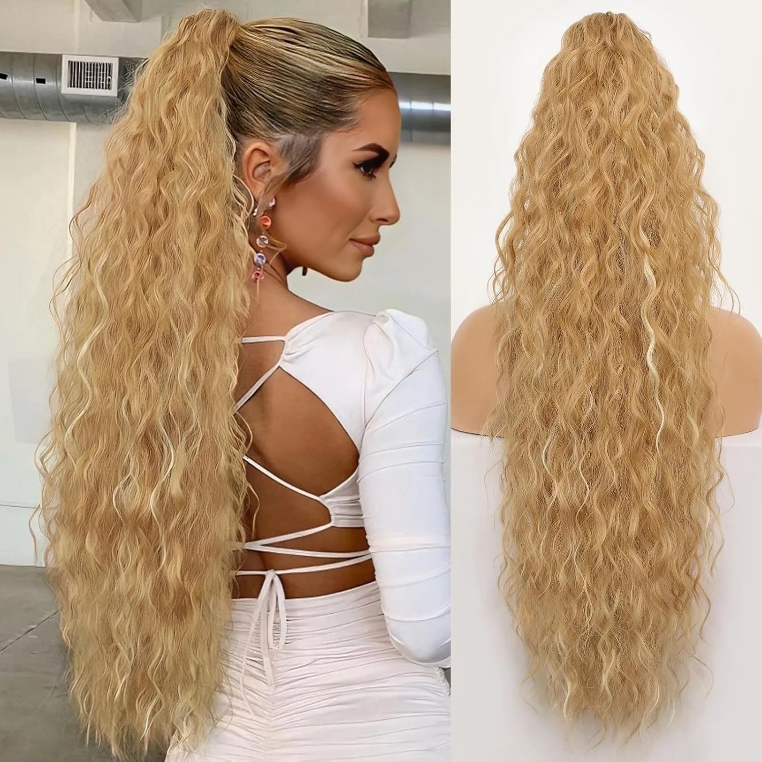 Long, fluffy curly synthetic ponytail wig in a high temperature fibre, shown in a 30-inch length.