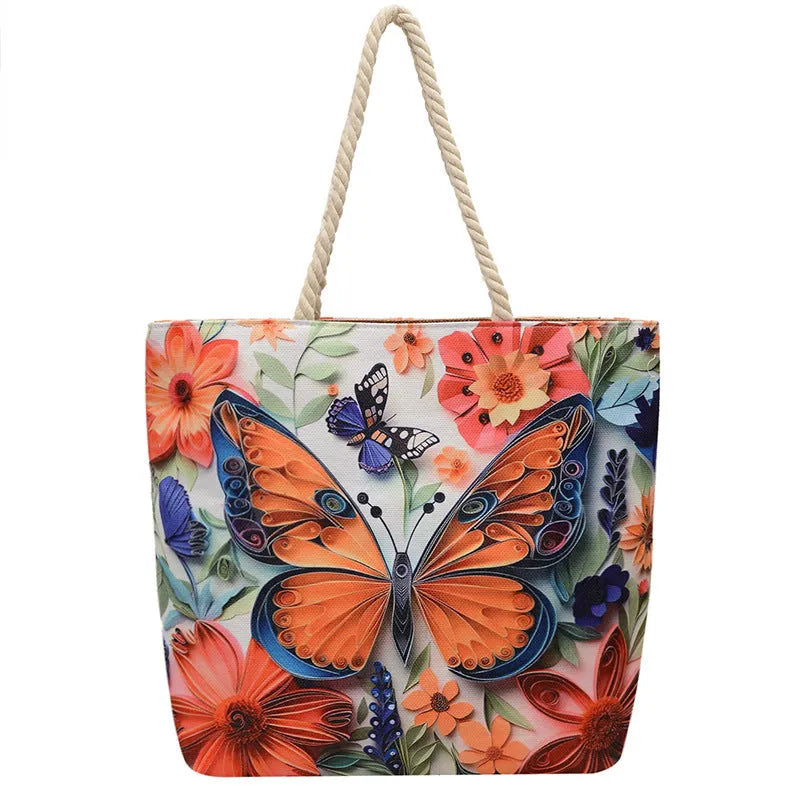 A soft cotton and linen string shoulder handbag with two straps and an open outer pocket.