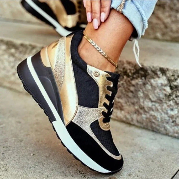 Women's platform colorblock sequin flat casual sneakers in black and gold, round toe, front lace-up