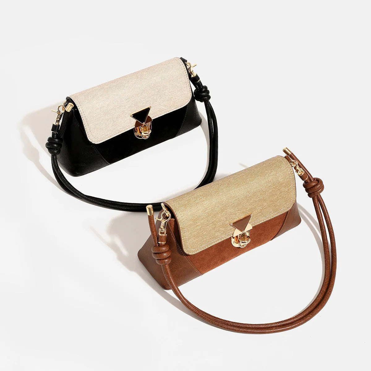 Women's soft PU underarm baguette shoulder handbag in black and caramel colours with single strap