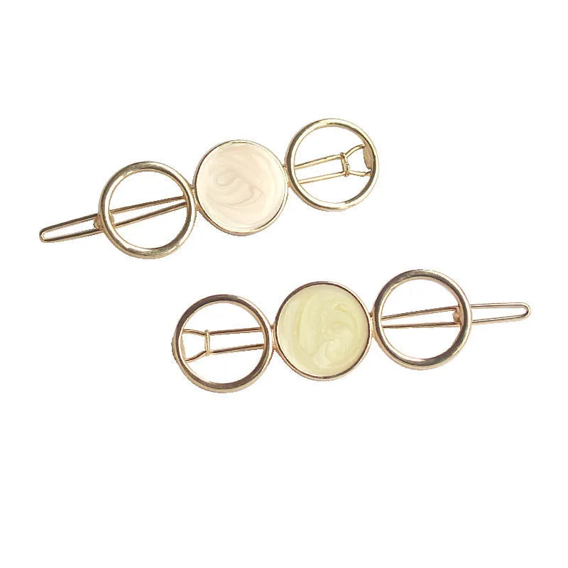 Round metal hairpin with opal crystal in silver plating, 7cm, beige colour, geometric shape