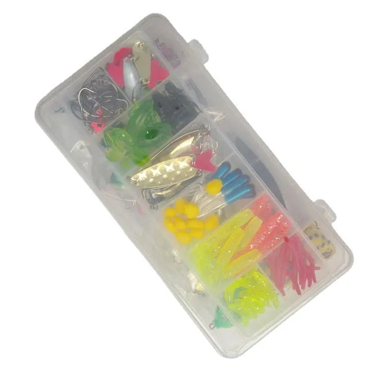 142-piece fishing lure suit set showing hard minnow lures, sequins, hooks, and metal fishing pliers on a blue background.