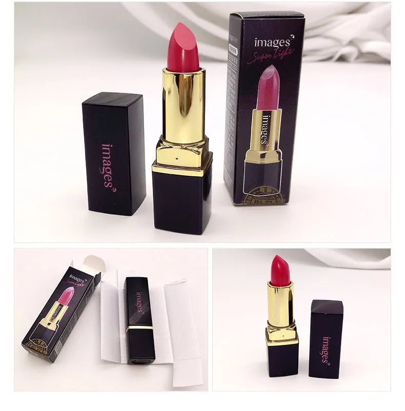 Moisturising lipstick in a compact case showing one of ten colour shades like coral red or babie pink.