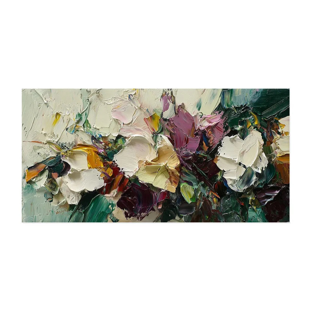 Handmade flowers field oil painting canvas artwork, modern horizontal design, rolled frameless
