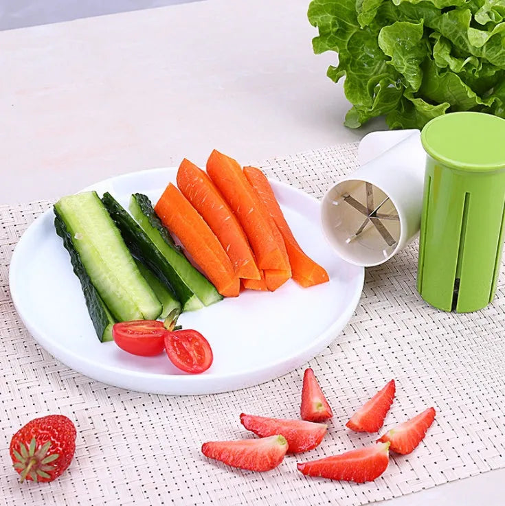 White plastic vegetable and fruit cutter with six stainless steel blades inside