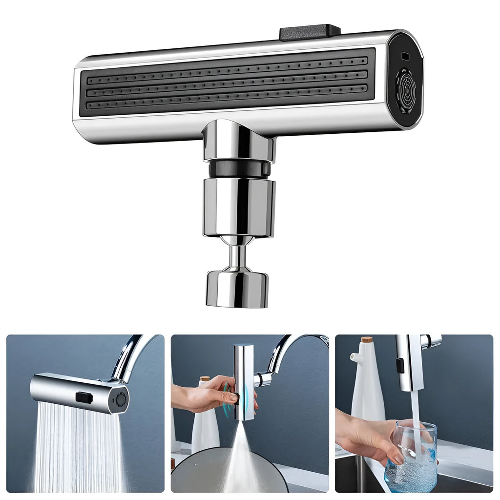 Kitchen faucet waterfall nozzle extension with rotating sprayer in black or silver finish