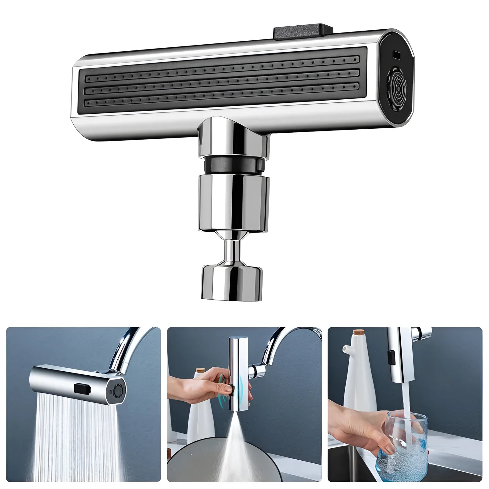 Kitchen faucet waterfall nozzle extension with rotating sprayer in black or silver finish