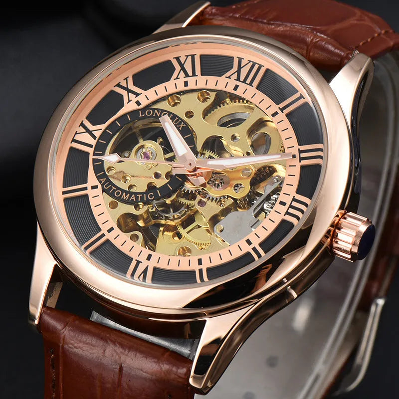 Men's mechanical watch with Roman scale dial, metal case, and faux leather strap on wrist