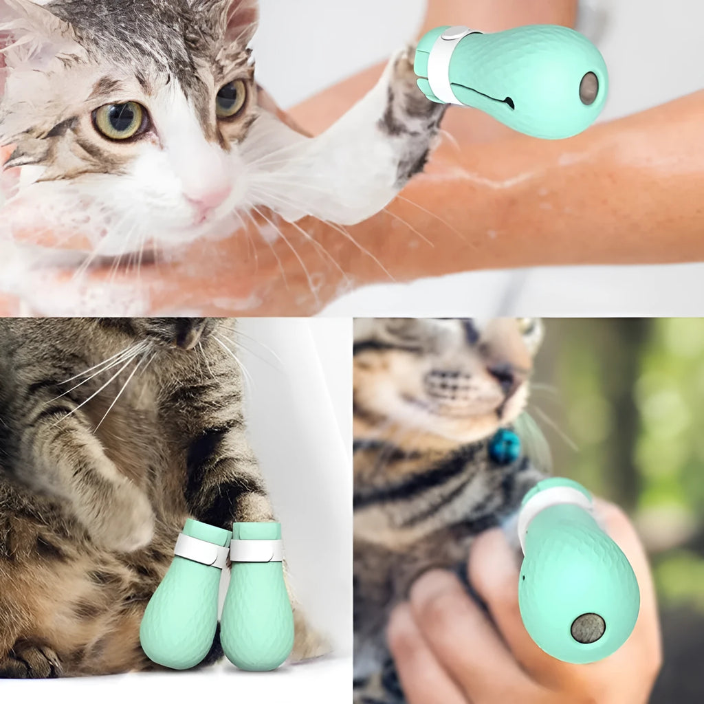 Green silicone cat foot covers with nylon buckle strap and leak hole design, set of 4 pieces on a white background