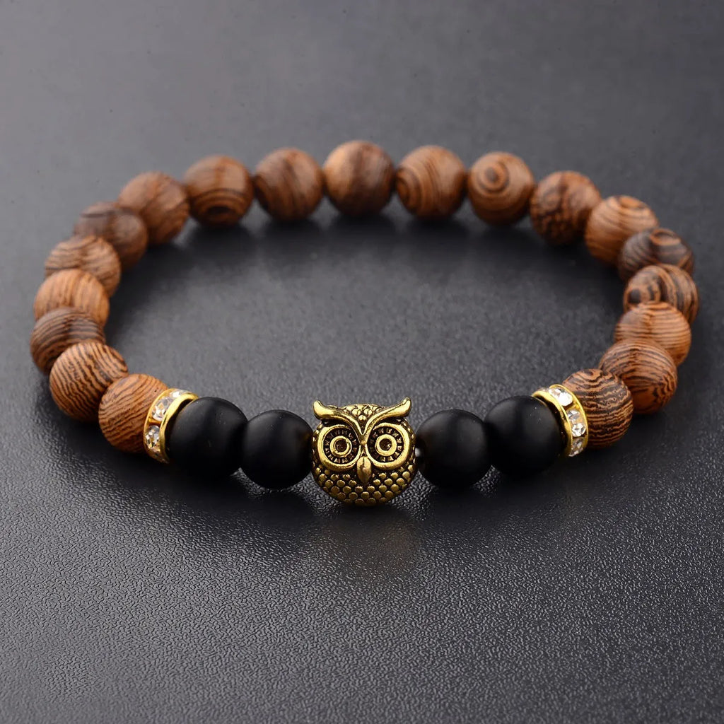Owl frosted stone lifeline wood grain bracelet in black with wood beads and alloy clasp