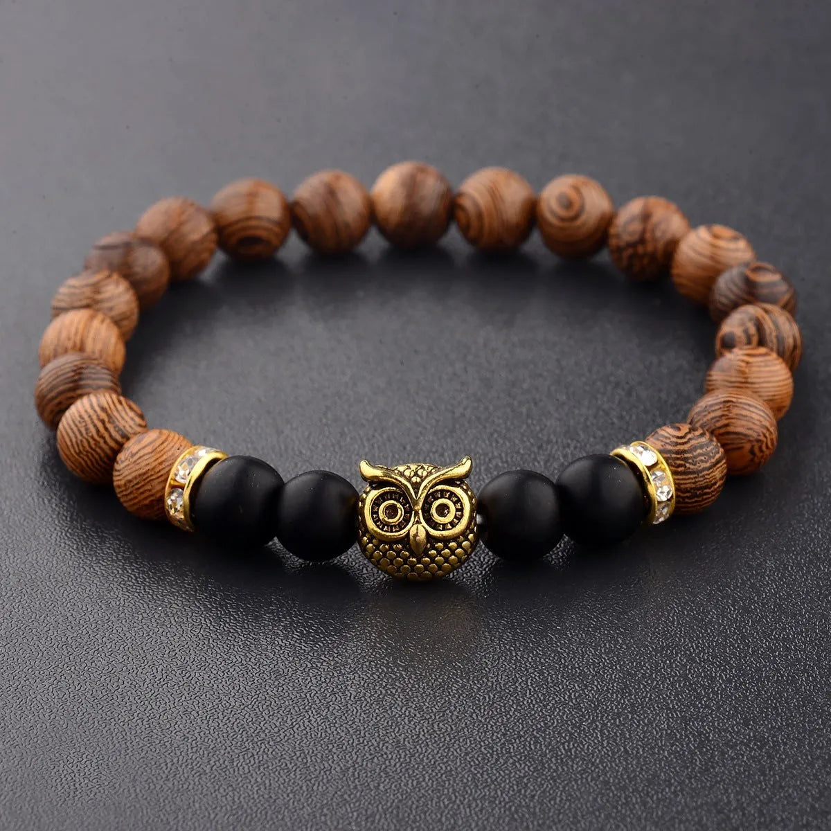 Owl frosted stone lifeline wood grain bracelet in black with wood beads and alloy clasp