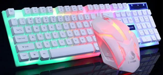 GTX300 black gaming keyboard and mouse set with glowing backlit keys and USB cables