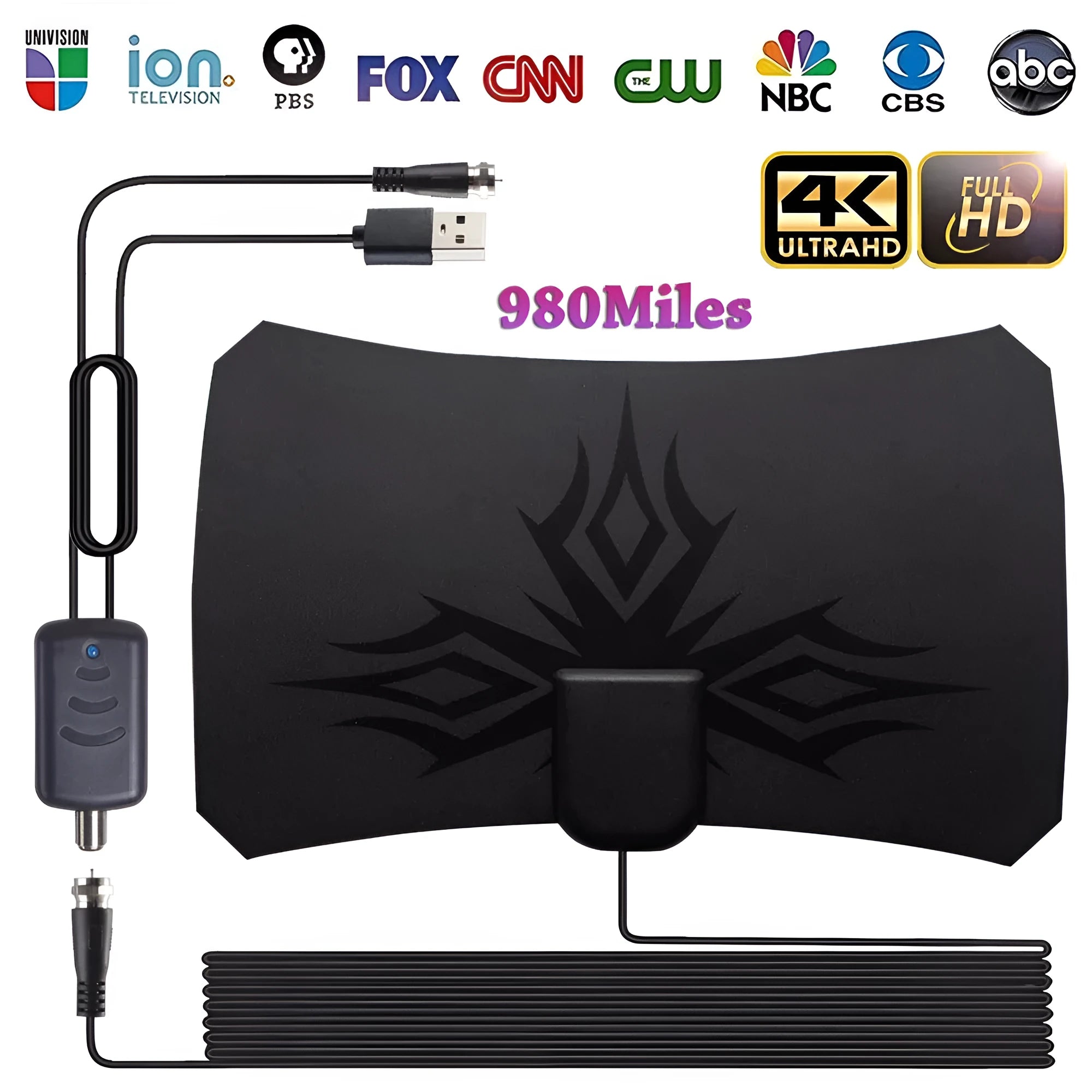 Black irregular flame pattern HDTV antenna for digital TV, VHF and UHF reception, 75 ohm output