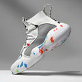 Men's camouflage sneakers with mesh upper and vulcanised rubber sole on a plain background.