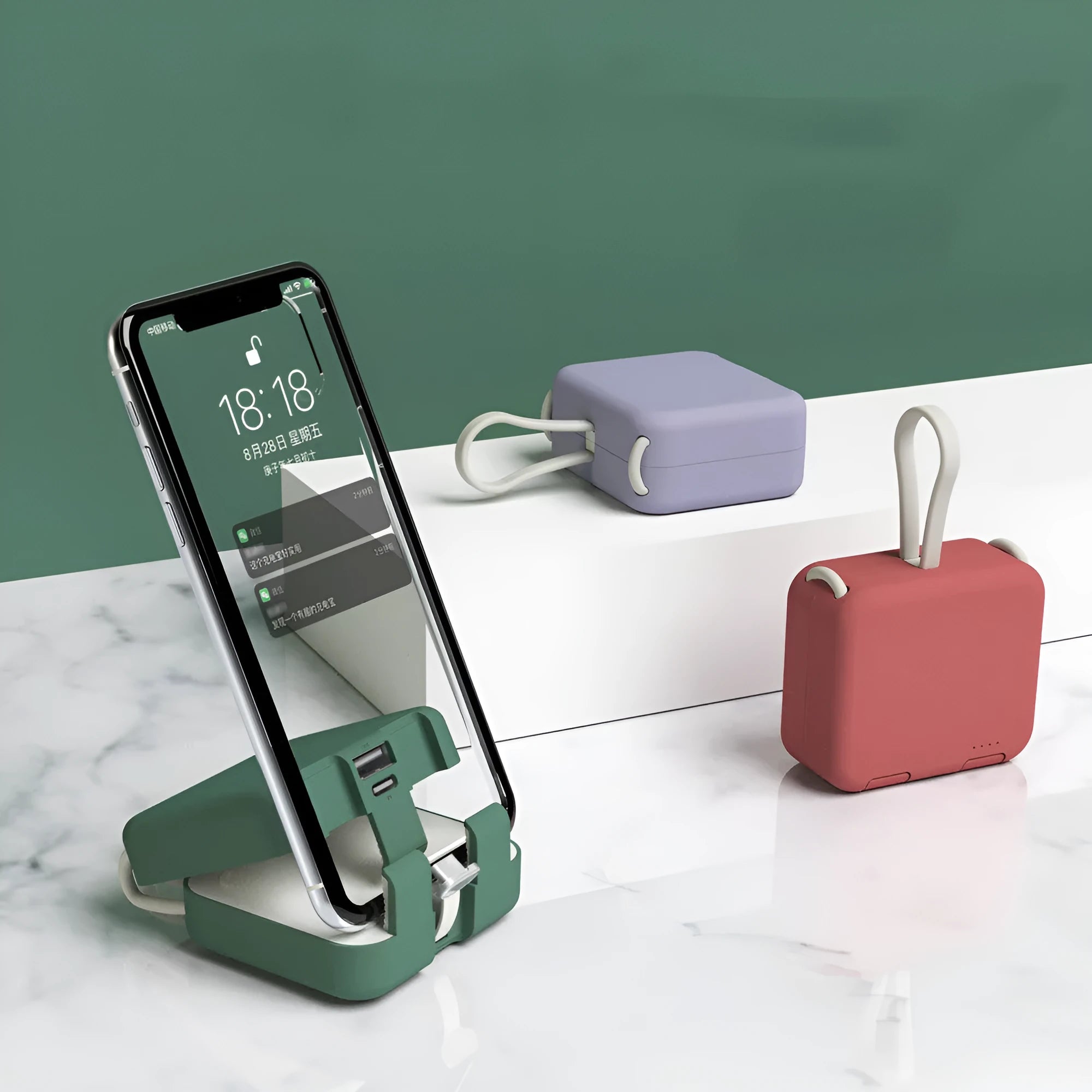 Handbag clip-on portable power bank in blue, shown charging a phone and functioning as a stand.