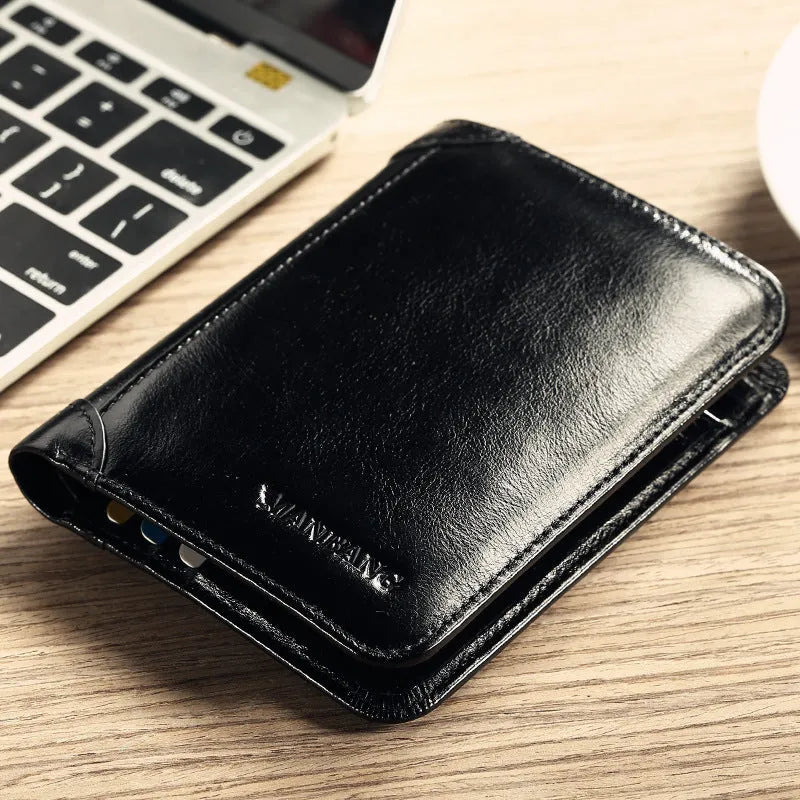 Men's black full-grain leather bifold wallet open, showing card slots, note pocket, and zipped coin compartment.
